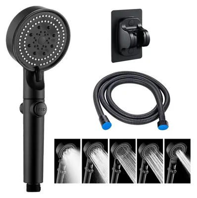 Immagine prodotto di Set doccia con soffione, tubo flessibile da 1,5 metri, 6 getti, supporto senza foratura, colore nero
