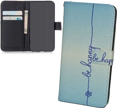 Produktbild von Handyhülle Tasche für Handy Sony Xperia M5  Schriftzug Be Happy Blau