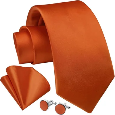 Image de Ensemble de cravates pour hommes comprenant une pochette de costume et des boutons de manchettes, en soie, motif Paisley, couleur orange