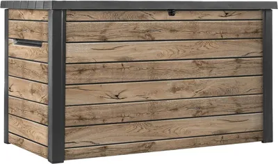 A storage box with a wood-like texture and gray metal frame.