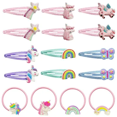 Image de 16 barrettes licorne pour filles, barrettes multicolores pour enfants, accessoires de cheveux licorne pour enfants