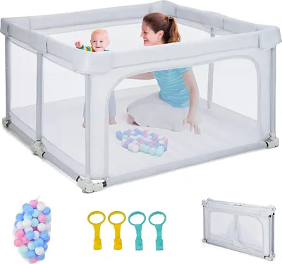 Zdjęcie produktu dla COSTWAY kojec dla dziecka 124 x 124 cm składany, przenośny kojec z 50 piłeczkami, 4 uchwyty, funkcja blokady, bramka do raczkowania z siatkowymi ściankami i drzwiami, namiot dla niemowląt i dzieci (jasnoszary)