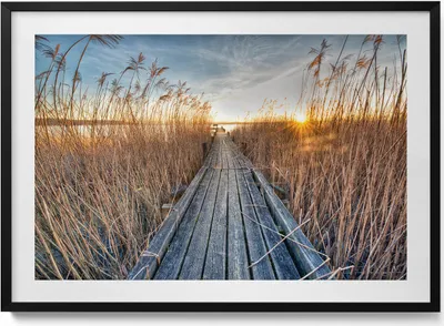 Produktbild von Eine Holzstraße zwischen Leisten– Wandbild mit Rahmen – Gerahmtes Bild  – Wanddekoration – 100x70 cm –  Schwarz Rahmen