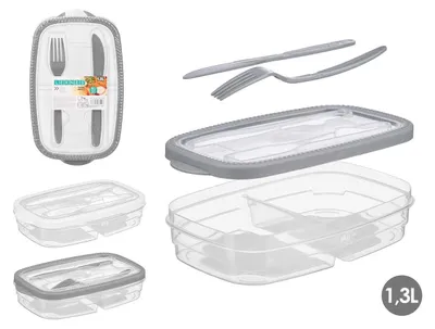 Lunchbox 1300 ml, 2 Fächer, luftdicht, mit Besteck, mikrowellengeeignet