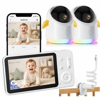 Produktbild von Babyphone mit 2 Kameras und APP 2K 5 Zoll WLAN Babyfon 360° PTZ Split-Screen 4×Zoom IR-Nachtsicht Buntes Nachtlicht mit Halterung