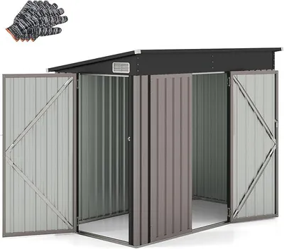 Imagen del producto de Casa de jardín de metal, 235 x 117 x 185 cm, cobertizo con puerta frontal y puerta lateral y techo a dos aguas. Cobertizo para herramientas con cerradura. Cabaña de jardín, cobertizo de jardín, cobertizo para exteriores (marrón claro)