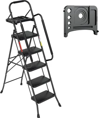 A black stepladder with a tray and a separate black accessory are shown against a white background.