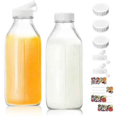 Zdjęcie produktu dla Zestaw 2 szklanych butelek o pojemności 1 litra z zakrętkami – idealne do przechowywania soków, smoothie i kombuchi