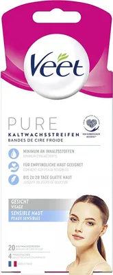 A product package for Veet Pure cold wax strips for sensitive facial skin.