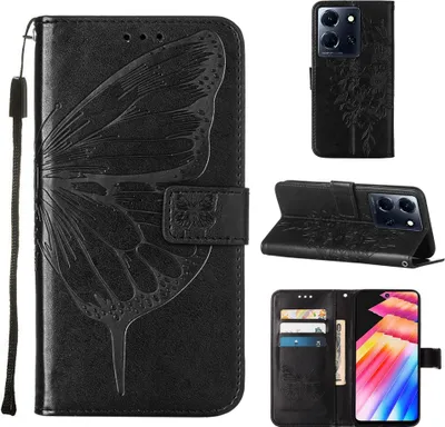 Produktbild von Lederhülle für Infinix Note 30 5G Schmetterling Prägung Flip Ledertasche Kartenfächer Handyhülle mit Ständer Schwarz
