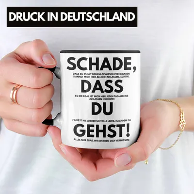 Produktbild von Trendation - Schade Dass Du Gehst Jobwechsel Tasse Geschenk Kollegin Kollege Lustig Abschiedsgeschenk Sprüche Abschied Neuer Job Kaffeetasse (Schwarz)