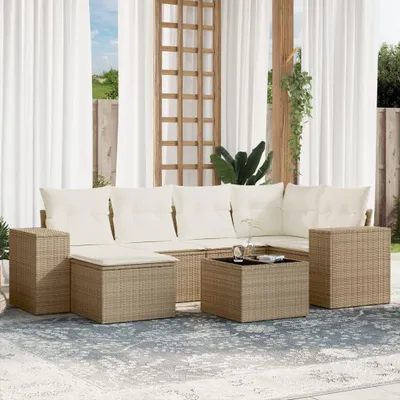 Produktbild von Design 7-tlg. Garten-Sofagarnitur mit Kissen Beige Poly Rattan, Gartenmöbel-Sets 2024 Neu