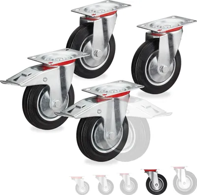 Produktbild von Relaxdays Schwerlastrollen 4er Set, drehbar, Kugellager, 2 Rollen mit Bremse, Tragkraft bis 400kg, Rad D: 160mm, schwarz