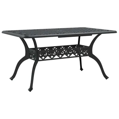 A black rectangular garden table with ornate legs and a decorative shelf underneath, isolated on a white background.