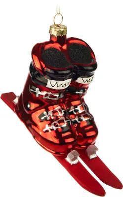 Produktbild von BRUBAKER Skischuhe Rot mit Kurzen Skiern - Handbemalte Ski Weihnachtskugel aus Glas - Skiskates, Snowblades, Kurzski - Christbaumschmuck Figur