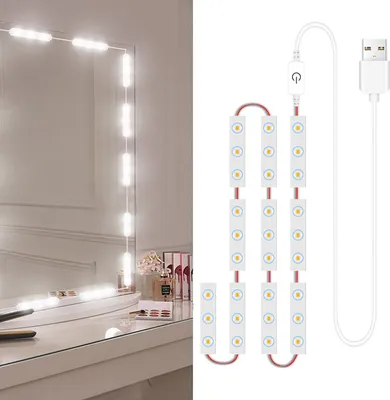 LED strip lights attached to a mirror and a separate display of the lights.
