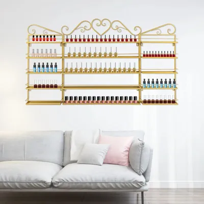 Image de Étagère murale pour vernis à ongles - Support de rangement en métal - 5 niveaux - Ensemble comprenant une étagère centrale et 2 étagères latérales - Organisateur mural pour salon de manucure - Or