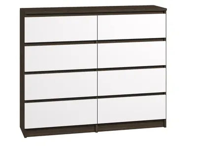A front view of a dresser with eight drawers, presented against a white background.