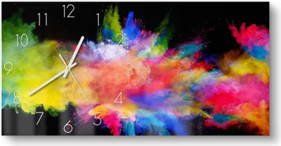 Produktbild von DEQORI Glasuhr 60x30 cm Zahlen 'Zusammenknall Farbpuder' Wanduhr Glas Uhr Design leise