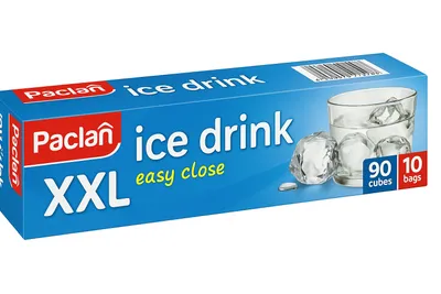 A product box for ice drink bags, showing the brand, product name, size, and quantity.