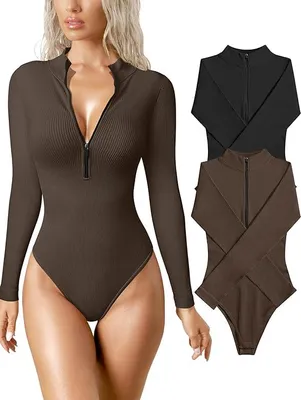 Imagen del producto de Conjunto de dos bodies para mujer, de una sola pieza, con textura de punto, en color  y marrón, talla S