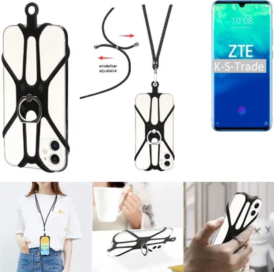 Produktbild von K-S-Trade 3in1 Handykette Handyband Handykordel Halsband Smartphone-Ring Handy-Ring kompatibel mit ZTE Axon 10 Pro Fingerhalterung Handyring