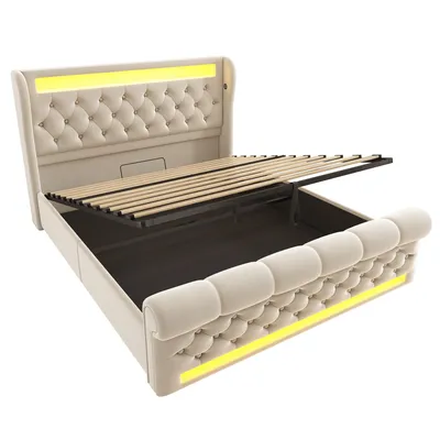 Produktbild von Flieks Hydraulisches Polsterbett 140x200cm mit USB und Typ-C, Jugendbett Doppelbett mit Led, Stauraumbett Kinderbett mit Lattenrost, Samt, Beige
