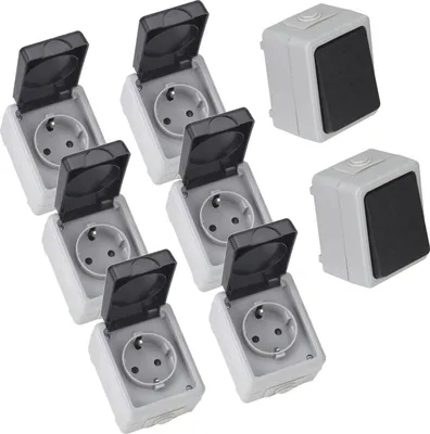Produktbild von TAFF Feuchtraum Starter Set Wechselschalter Steckdose Aufputz IP44 grau 8 teilig