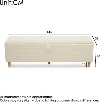 A beige storage bench with dimensions indicated.