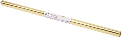 A roll of gold aluminum foil is shown against a white background.