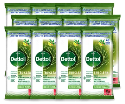 Productafbeelding van 12 x Dettol Tru Clean multifunctionele reinigingsdoekjes - Eucalyptus & Limoen - Biologisch afbreekbaar - Voordeelverpakking - 12 stuks