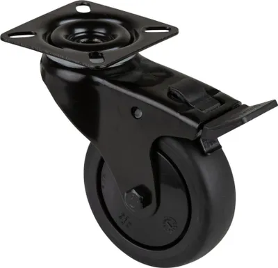 Image de Roulette pivotante avec frein D.75mm Trgf.75kg avec plaque avec frein en caoutchouc noir BS ROLLEN