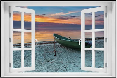 Produktbild von Wallario Wandbild mit Fenster-Illusion: Einsames Fischerboot mit Anker am Strand, Größe: 61 x 91,5 cm, Poster mit schwarzem Aluminiumrahmen