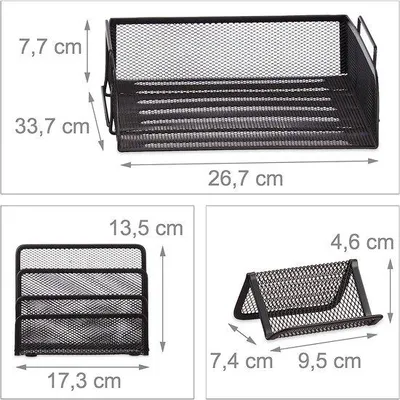 Produktbild von Unyqoos® Schreibtisch-Organizer 7‑teilig aus Metall, schwarz – Komplett‑Büroset mit 3‑fach Briefablage, Notizbox, 2 stapelbaren Ablagen, großer & kleiner Stiftehalter, Visitenkartenhalter