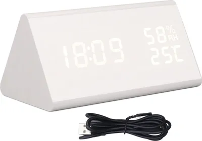 Obrázok produktu pre Digitálny budík LED, viacúčelový drevený budík s hlasovým ovládaním, vlhkosťou, teplotou, zobrazením týždenného času, biele drevo