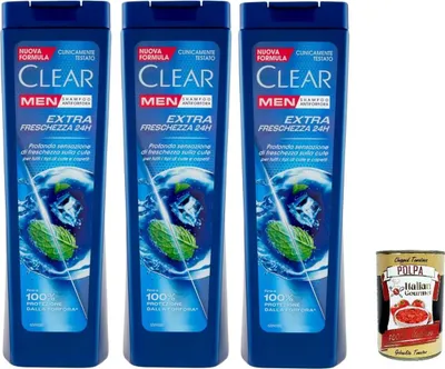 Produktbild von Clear Extra Freschezza 24H Men Shampoo für alle Haar- und Kopfhauttypen - Extra Frische Shampoo 3x 225ml + Italian Gourmet polpa 400g