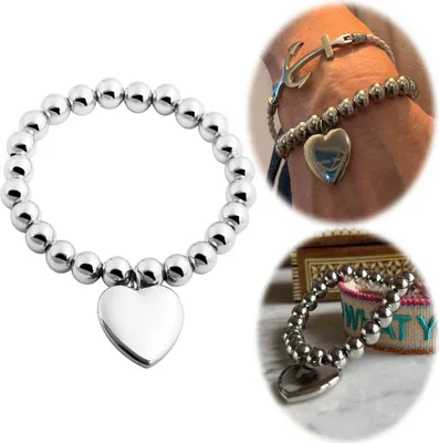 Produktbild von LS-LebenStil Elegantes Damen Kugelarmband 17cm Paris mit Herz Edelstahl Silber Strech elastisch dehnbar Edelstahlarmband Damenarmband Geschenk Perlen