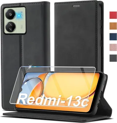 Produktbild von Xiaomi Redmi 13C Hülle Leder mit Schutzfolie und Handy-Ständer