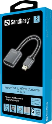 Zdjęcie produktu dla Sandberg Adapter DP1.4>HDMI2.0 4K60, DisplayPort, HDMI Typu A (Standard), Męska, Żeńska, 3840 x 2160 px, 6 Gbit/s