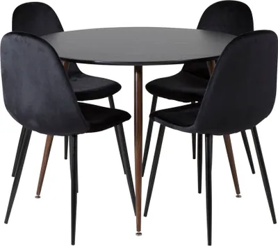 Produktbild von PlazaBLWA100 Essgruppe Esstisch schwarz und 4 Polar Esszimmerstühle Velour schwarz.