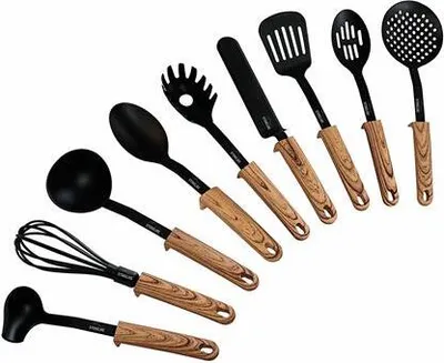 Image de Stoneline Back To Nature 17898 Set d'ustensiles de cuisine, manche en matériau imitation bois, 9 pièce(s), lavable en machine, noir/imitation bois