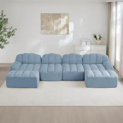 Obrázek produktu pro MODFU Modulní pohovka pro 4 osoby, rohová pohovka pro 2 osoby bez rámu, velká pohovka s nastavitelnými sedacími polštáři a 2 podnožkami, rozkládací pohovka s elegantním designem, potažená flísem, barva: modrá