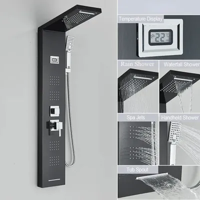 A black shower panel with various shower functions displayed in separate panels.