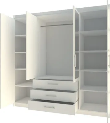 An open white wardrobe with shelves and drawers.