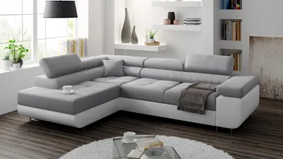 Produktbild von Ecksofa mit schlaffunktion und bettkasten, Sofa L-form, Couch L-form Webstoff Hellgrau + Weiß Kunstleder -EKO, Ottomane Links