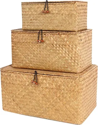 Produktbild von Regalkörbe mit Deckel - Aufbewahrungskörbe aus Seegras und Rattan - Set von 3