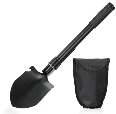 Produktbild von com-four® Klappschaufel mit langem Griff - Mini-Klappspaten mit verlängertem Griff für bessere Hebelwirkung - Schaufel mit Flaschenöffner, kleiner Säge und Spitzhacke