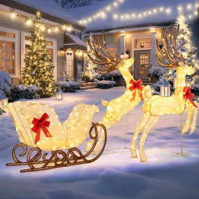Produktbild von GOPLUS Weihnachtsdeko Rentier mit Schlitten, Weihnachtsfiguren mit 280 warmweißem LED Lichtern, Kugeln, Weihnachtsbeleuchtung für Innen & Außen