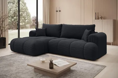 Produktbild von Ecksofa TREVIO Links in Schwarz Stoff TILIA-Cord 260 × 93 x 165 cm – Modernes Designsofa mit Ottomane