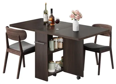 Productafbeelding van Uitklapbare eettafel voor 4 personen, uitschuifbaar, met 2 opbergvakken en 6 wielen, bruin